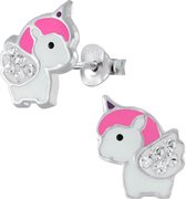 Joy|S - Zilveren baby eenhoorn oorbellen 8 x 10 mm roze kristal unicorn