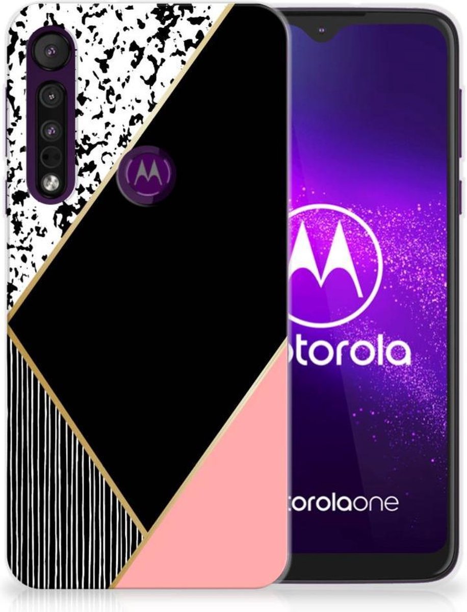 Motorola One Macro TPU Hoesje Zwart Roze Vormen