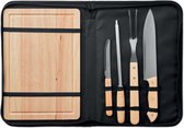 4-delige RVS kookgerei set - houten snijplank - snijplank - vleesmes - mes - vork - aanzetstaal