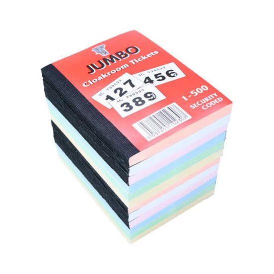 Stapel genummerde garderobelotjes in een boekje met rode opdruk 'JUMBO Cloakroom Tickets'. Meerkleurige papiertjes.
