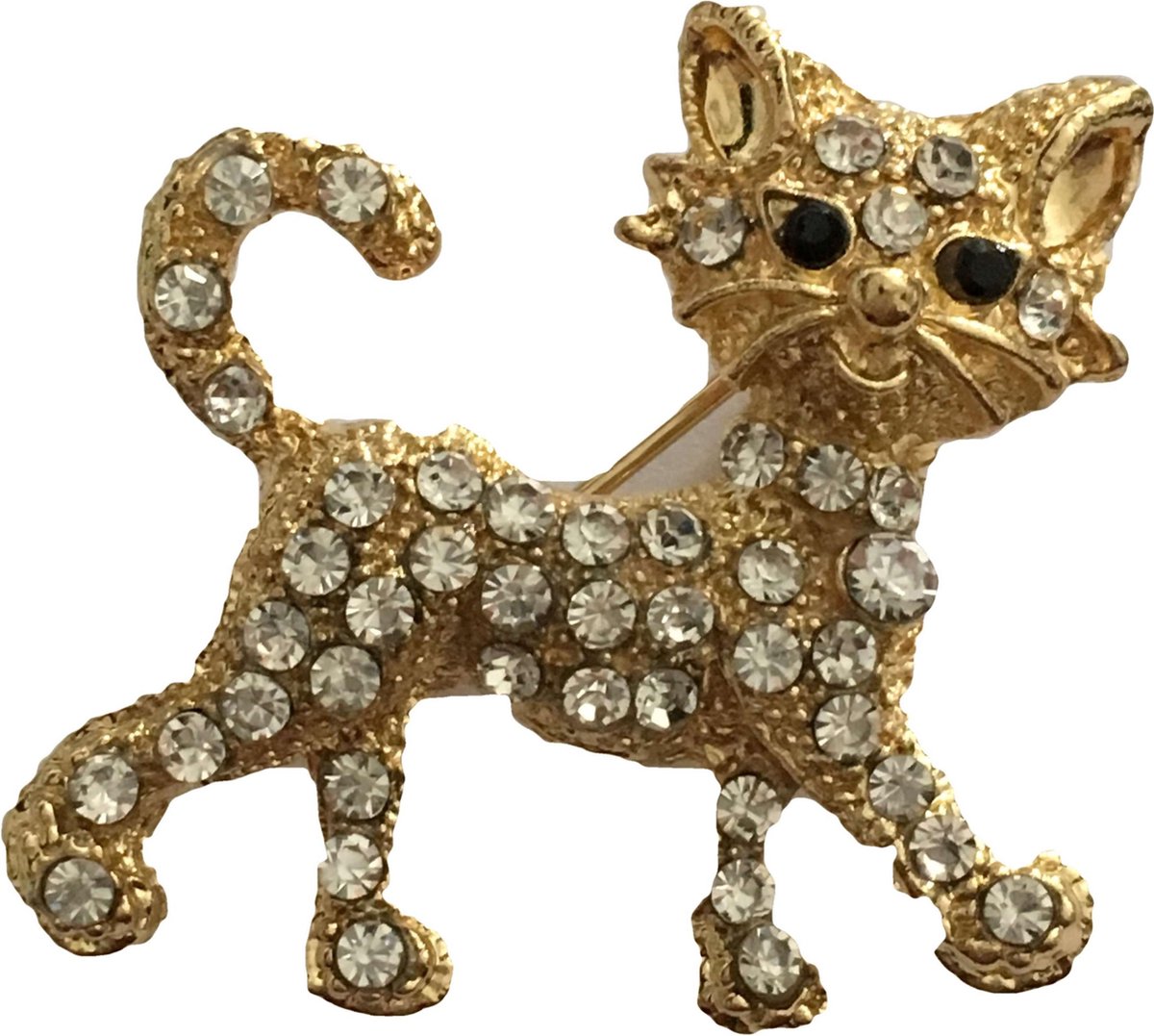 Petra's Sieradenwereld - Broche poes goudkleurig met strass en zwarte oogjes