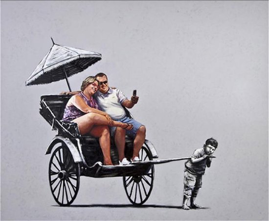 Canvas Schilderij * Banksy RIKSJA TOERISME * - Graffiti Art - Kleur - 40 x 50 cm