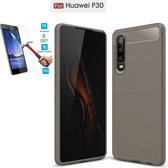 Huawei P30 Carbone Brushed Tpu Grijs Cover Case Hoesje - 1 x Tempered Glass Screenprotector CTBL