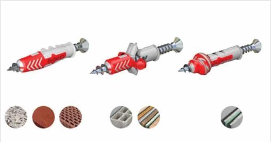 Drie witte en rode Fischer Duopower pluggen, met ronde afbeeldingen van plugmaterialen.