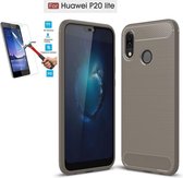 Huawei P20 Lite Carbone Brushed Tpu Grijs Cover Case Hoesje - 1 x Tempered Glass Screenprotector CTBL