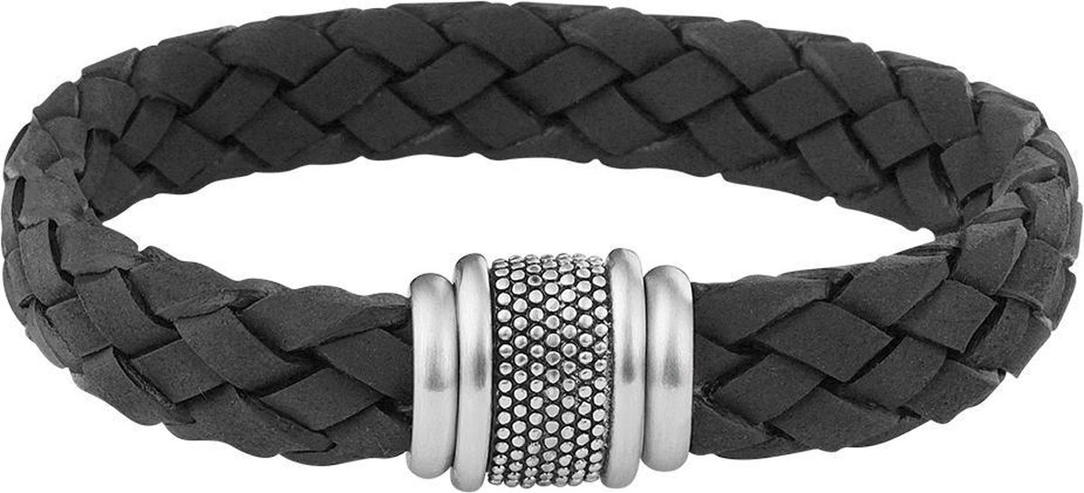 Vigor Armband Zwart Leer 12 mm 21 cm - Staal