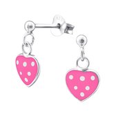 Joy|S - Zilveren roze hartje met witte stippen oorbellen