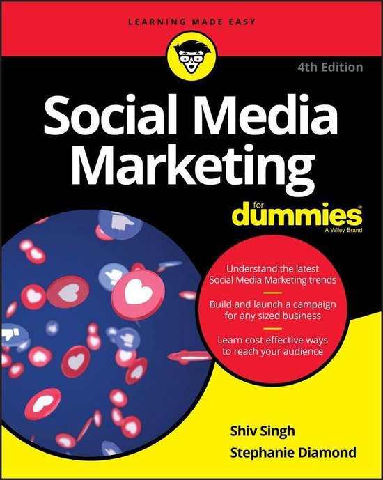 Social Media Marketing voor dummies, 4e editie. Blauw met rode en witte social media iconen. Tekst: "LEARNING MADE EASY"