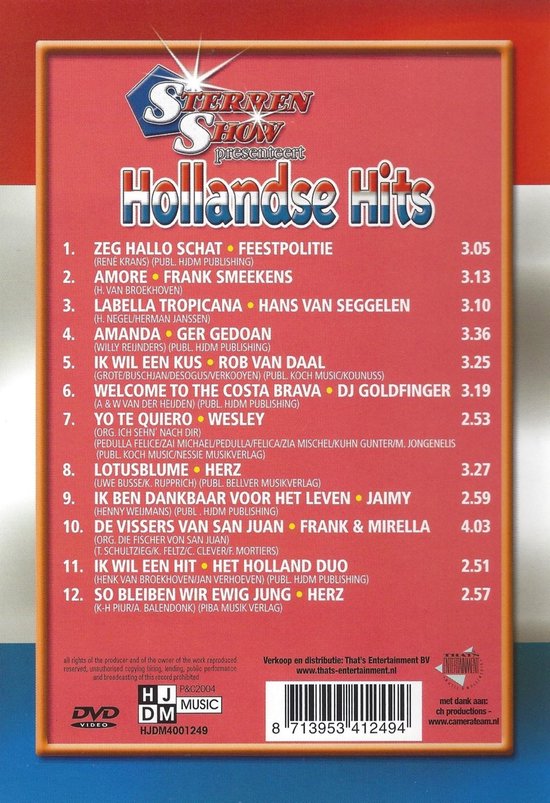 Achterkant van de DVD-hoes 'Sterren Show presenteert Hollandse Hits'. Met een lijst van 12 nummers en artiesten, DVD-logo en barcode.