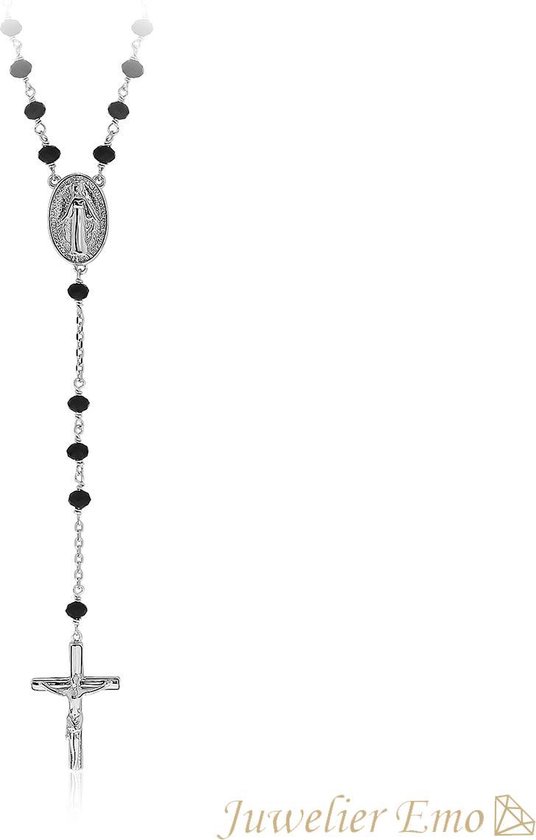 Juwelier Emo - Rozenkrans ketting Zilver met Zwarte Zirkonia stenen - Kruis hanger - 50 CM