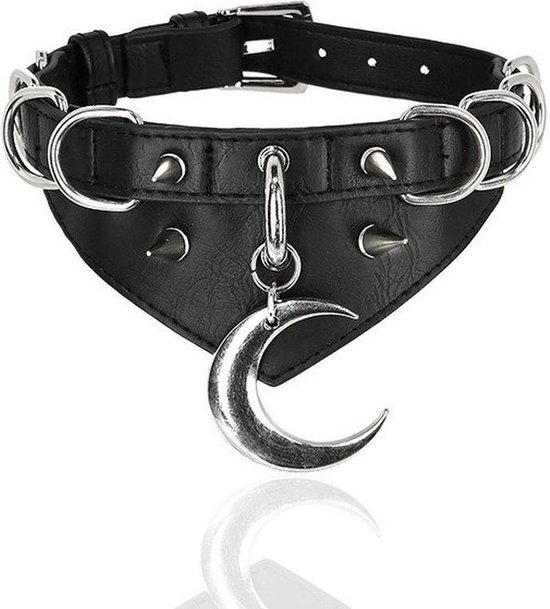 Restyle Moon en D-Ring Choker - Zwart PU nepleer met spikes