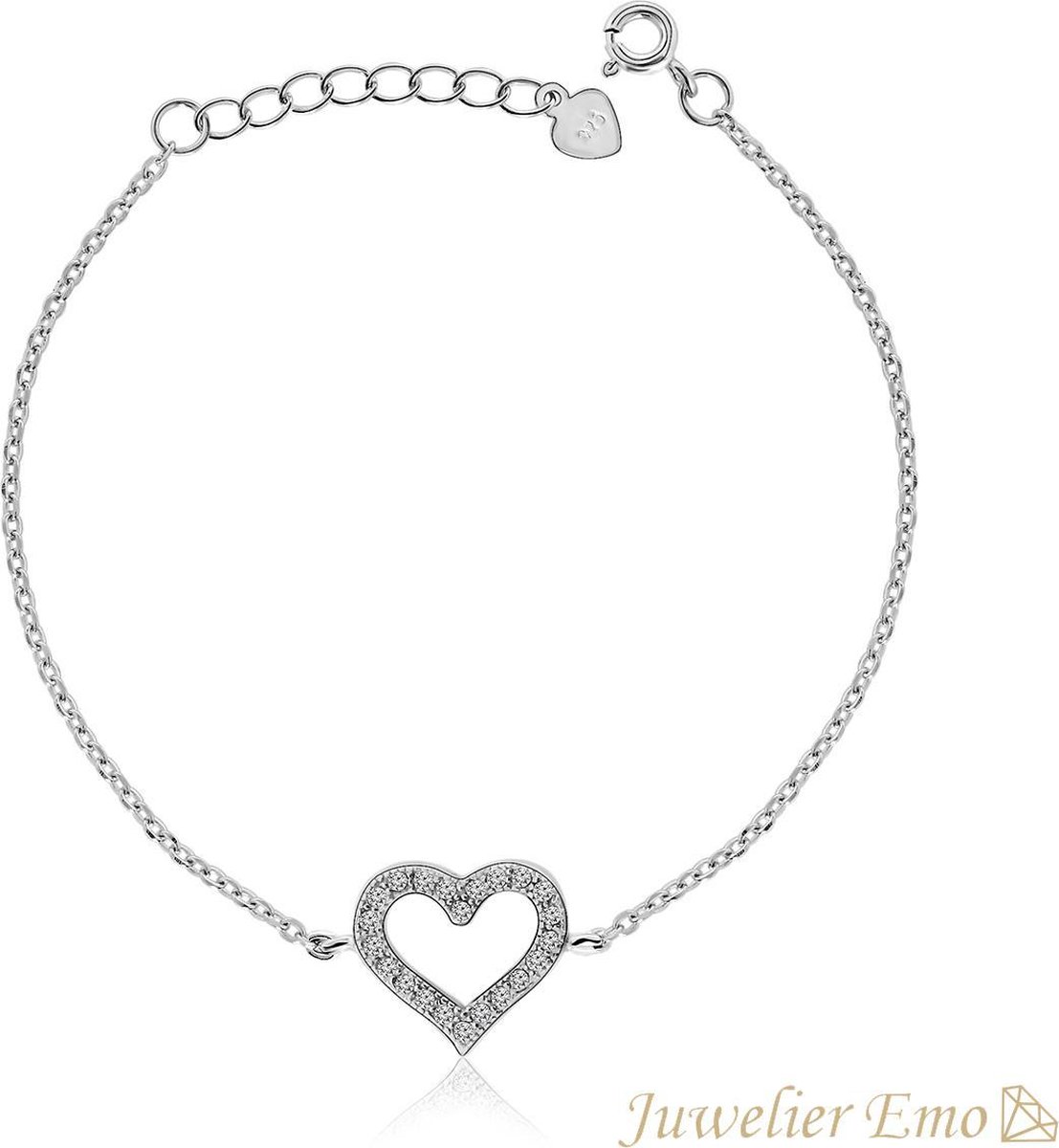 Juwelier Emo - Hart Bedelarmband met Zirkonia's - Zilveren Armband Dames - LENGTE 20 CM