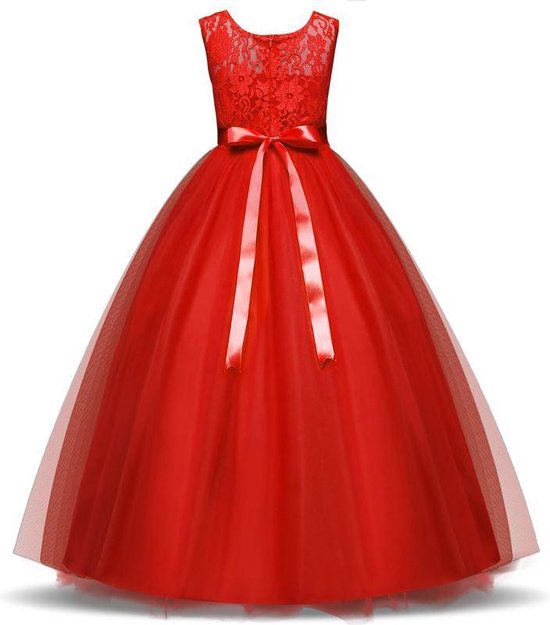 Spaansejurk NL - Communie jurk Bruidsmeisjes jurk bruidsjurk rood 122-128 (130) prinsessen jurk feestjurk + bloemenkrans