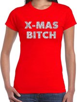 Foute Kerst t-shirt - x-mas bitch - zilver / glitter - rood - dames - kerstkleding / kerst outfit L