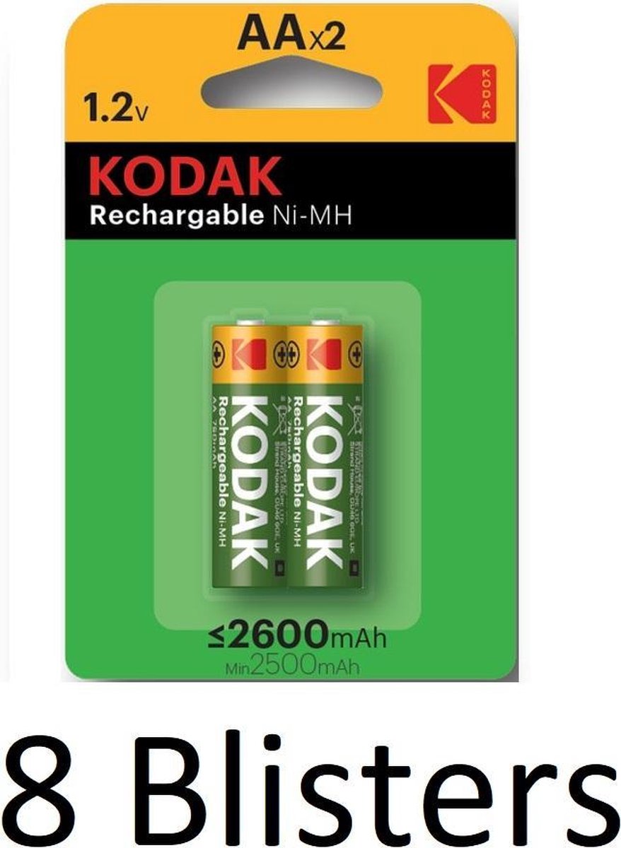 16 Stuks (8 Blisters a 2 st) Kodak AA Oplaadbare batterijen - 2600mAh