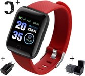 Belesy - Smartwatch - Zwart - Rode + zwarte polsband - inclusief USB oplaadstekker met Luxe horloge box