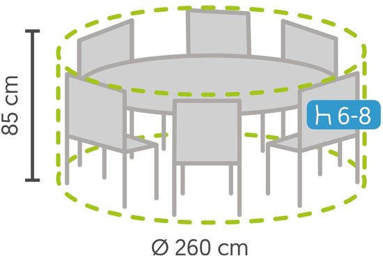 Schematische weergave van een ronde tuintafel met 6 stoelen, met afmetingen van ø 260 cm en 85 cm hoog, geschikt voor 6-8 personen.