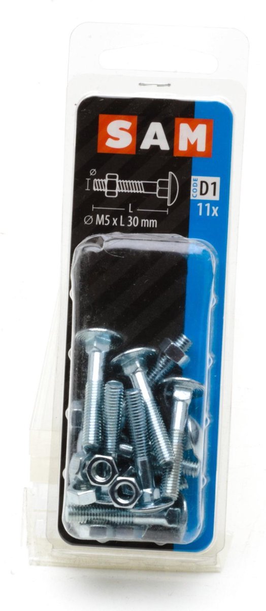 11X SAM Houtbout + moer verzinkt  M5x30mm D1 816310