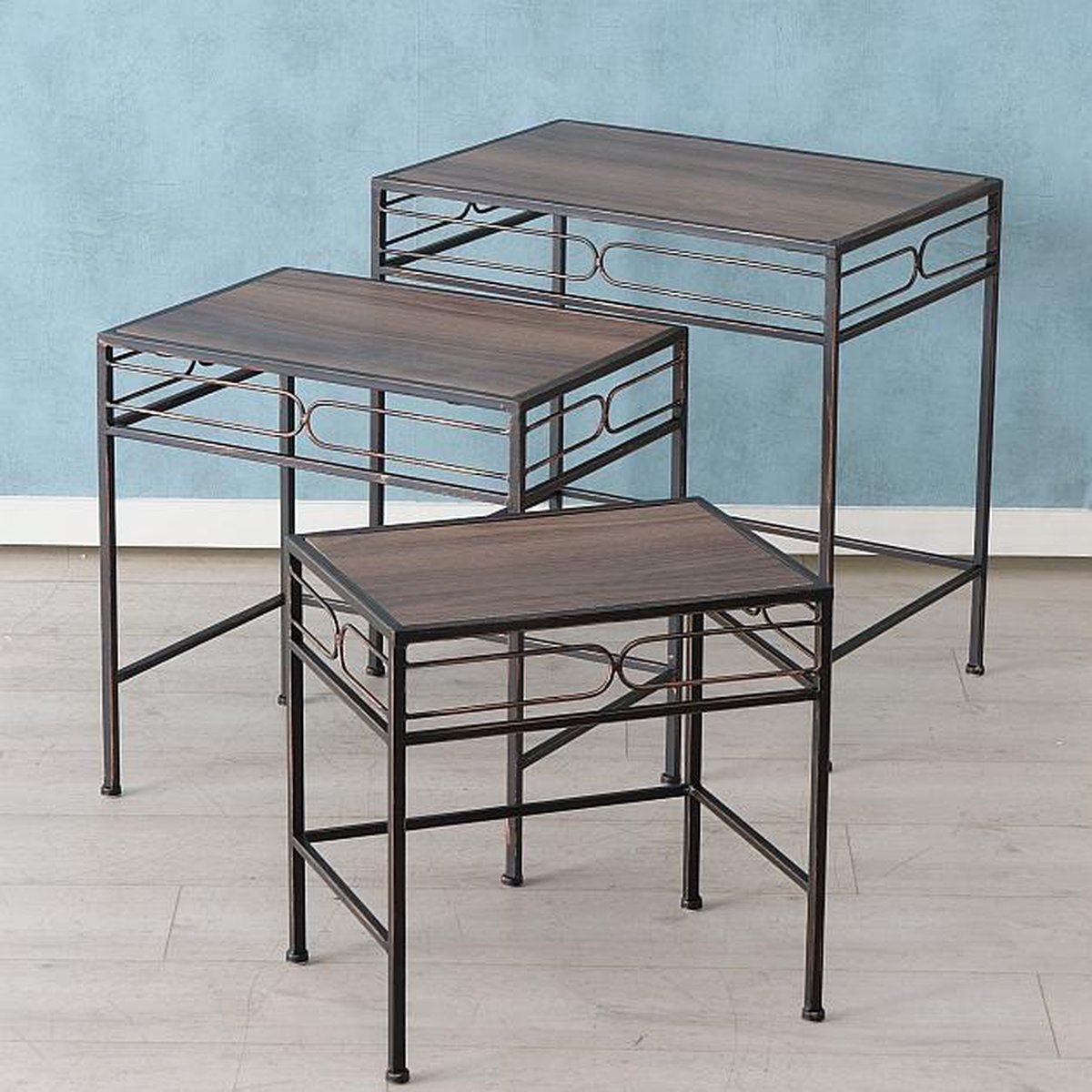Boltze Bijzet tafel - 3 set - Smeedijzer - Spiegel- 48- 54-60 cm - zwart - bruin
