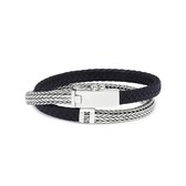 SILK Jewellery - Zilveren Wikkelarmband - Alpha - 344BLK.18 - zwart leer - Maat 18