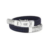 SILK Jewellery - Zilveren Wikkelarmband - 362BBU.19 - blauw/zwart leer - Maat 19