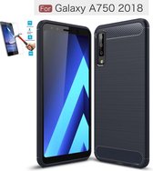 Samsung Galaxy A7 2018 Carbone Brushed Tpu Blauw Cover Case Hoesje - 1 x Tempered Glass Screenprotector