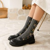 Harajuku sokken dames - Met kabel en bloemen design - Grijs/Geel - Granny socks maat 35-38