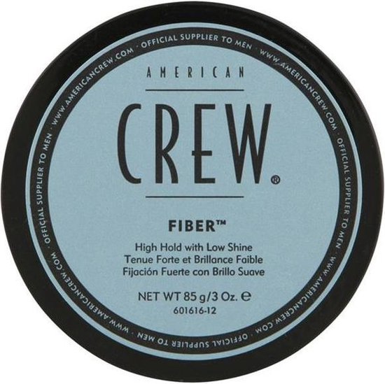 American Crew Fiber pot met blauw deksel, tekst rondom.