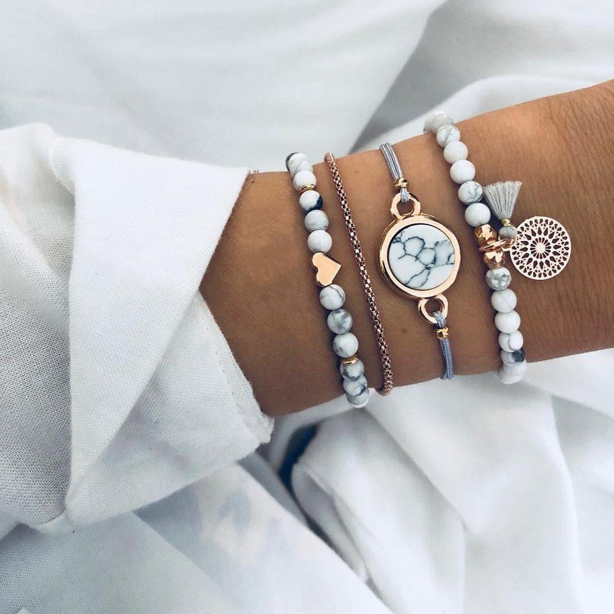 Bohemian armbanden marmer love hartje mandala 4 delig - Dames - Goudkleurig - 18 cm