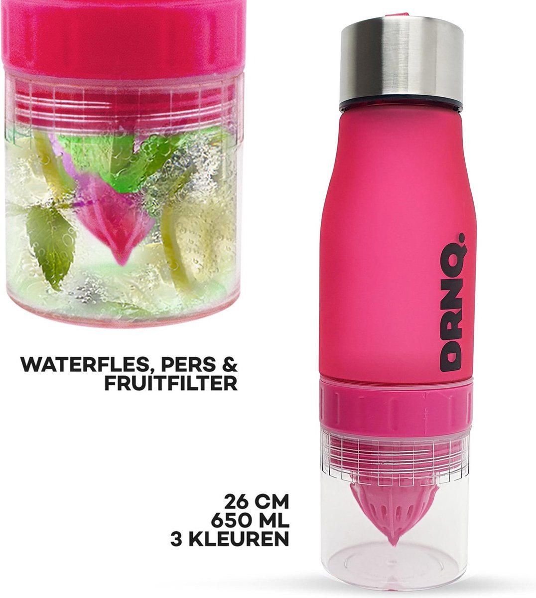 DRNQ. Drinkfles Fruitfilter waterfles met Sap Recepten - 650ml - Vaatwasser bestendig - Pretty Pink