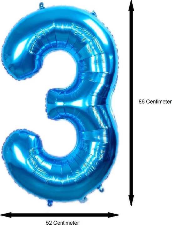 Folie Ballon Cijfer 3 Jaar Cijferballon Feest Versiering Folieballon Verjaardag Versiering Blauw XL 86Cm Met Rietje - BTH