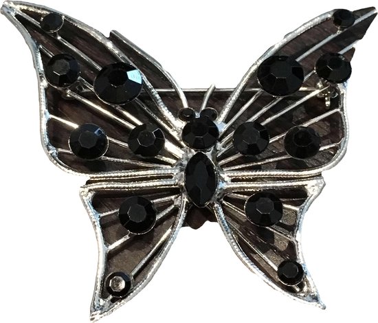 Petra's Sieradenwereld - Broche vlinder zilverkleurig met zwarte facetsteentjes (50227500)