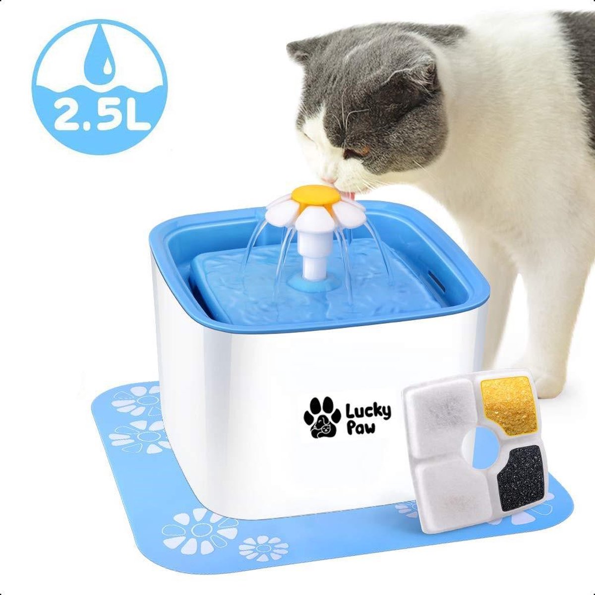 Lucky Paw Drinkfontein voor kat met 3 filters & matje - Water fontein - Waterdispenser - Waterautoma