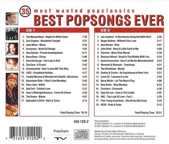 BEST POP SONGS EVER - DUBBEL- CD, Moody Blues, Eric Clapton, Dire Straits,  The Cure,... | bol.com