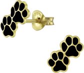 Joy|S - Zilveren dierenpoot oorbellen 9 x 5 mm kat hond poot zwart 14k goudplating