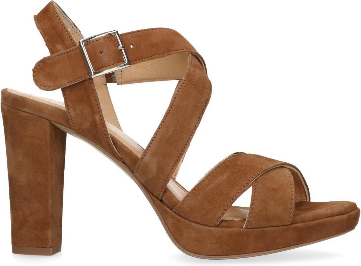 Manfield Dames Cognac suede sandalen met hak Maat 38 bol