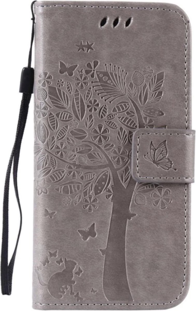Geschikt voor Apple iPhone 6 - 6s Bookcase - Grijs - Bloemen - Portemonnee Hoesje - Pasjeshouder
