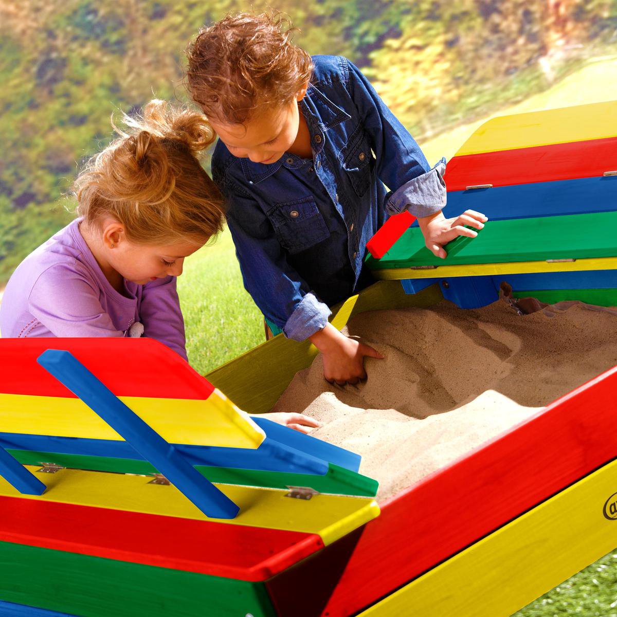 AXI Ella Houten Zandbak in Regenboog kleuren - Met Zitbankjes en Deksel - FSC hout - 100x95x20cm - Zandbak voor kinderen — afbeelding 5