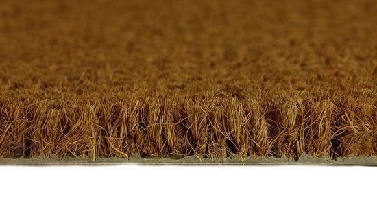 Zijaanzicht van een bruine kokosmat met een grijze rand en vezels.