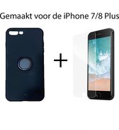 iPhone 8 Plus / 7 Plus Siliconen Hoesje Zwart met Ring en Magneet Premium Back Cover + Gratis Screenprotector