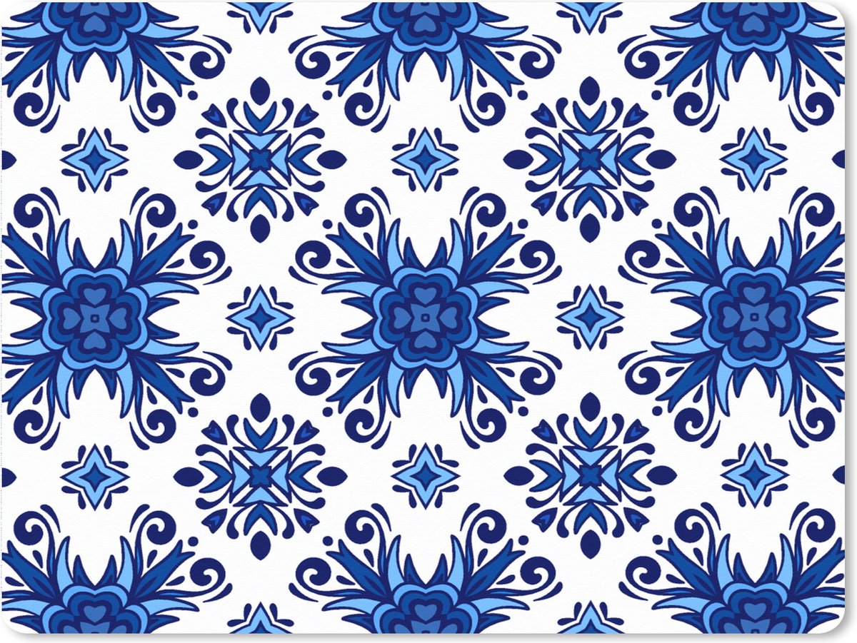 Muismat XXL 80x60 cm - Bureau onderlegger - Bureau mat Tegel - Bloem - Blauw - Patroon - Bureaumat - Gaming mousepad xl - Bureaulegger groot - Computer deskmat
