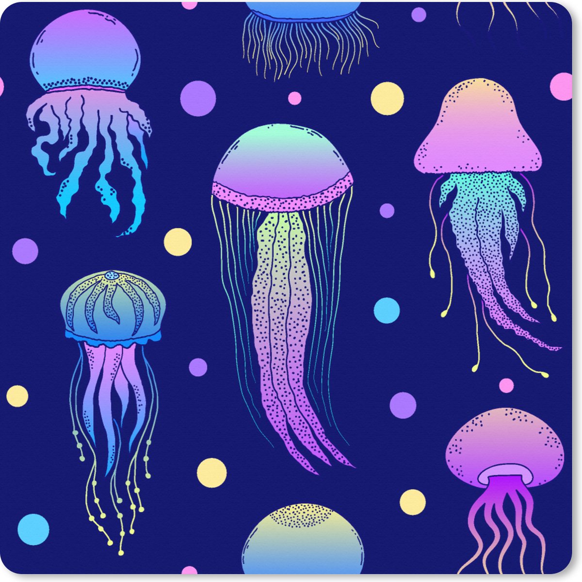 Muismat XXL 40x40 cm - Bureau onderlegger - Bureau mat Kwallen - Patronen - Zeedieren - Neon - Bureaumat - Gaming mousepad xl - Bureaulegger groot - Computer deskmat