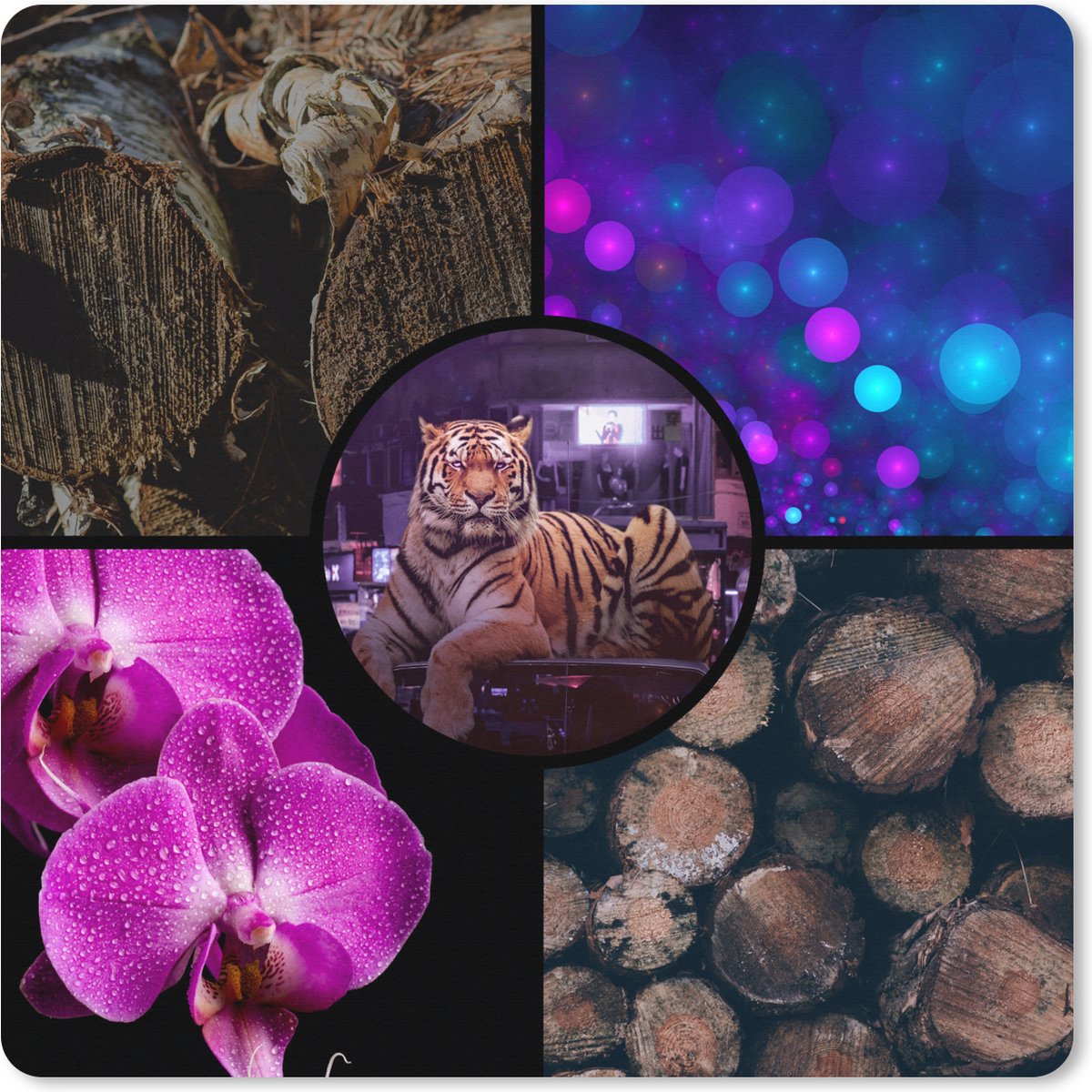 Muismat XXL 40x40 cm - Bureau onderlegger - Bureau mat Tijger - Collage - Hout - Orchidee - Bureaumat - Gaming mousepad xl - Bureaulegger groot - Computer deskmat