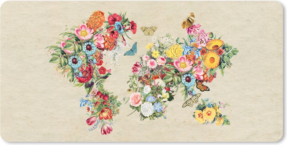 Muismat XXL 90x45 cm - Bureau onderlegger - Bureau mat Kaart - Bloemen - Vintage papier - Bureaumat - Gaming mousepad xl - Bureaulegger groot - Computer deskmat