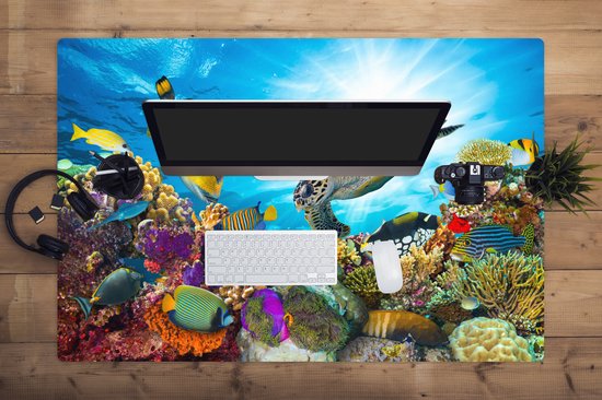 Muismat XXL 120x80 cm - Bureau onderlegger - Bureau mat Schildpad - Zee - Koraal - Bureaumat - Gaming mousepad xl - Bureaulegger groot - Computer deskmat