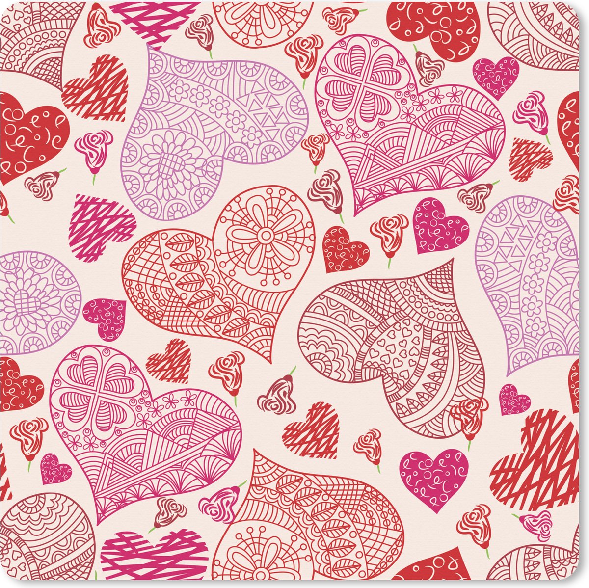 Muismat XXL 40x40 cm - Bureau onderlegger - Bureau mat Een illustratie met roze en rode hartjes - Bureaumat - Gaming mousepad xl - Bureaulegger groot - Computer deskmat