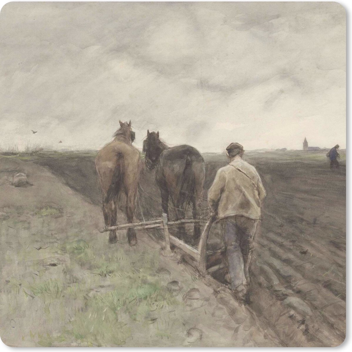 Muismat XXL 40x40 cm - Bureau onderlegger - Bureau mat Ploegende boer - Schilderij van Anton Mauve - Bureaumat - Gaming mousepad xl - Bureaulegger groot - Computer deskmat