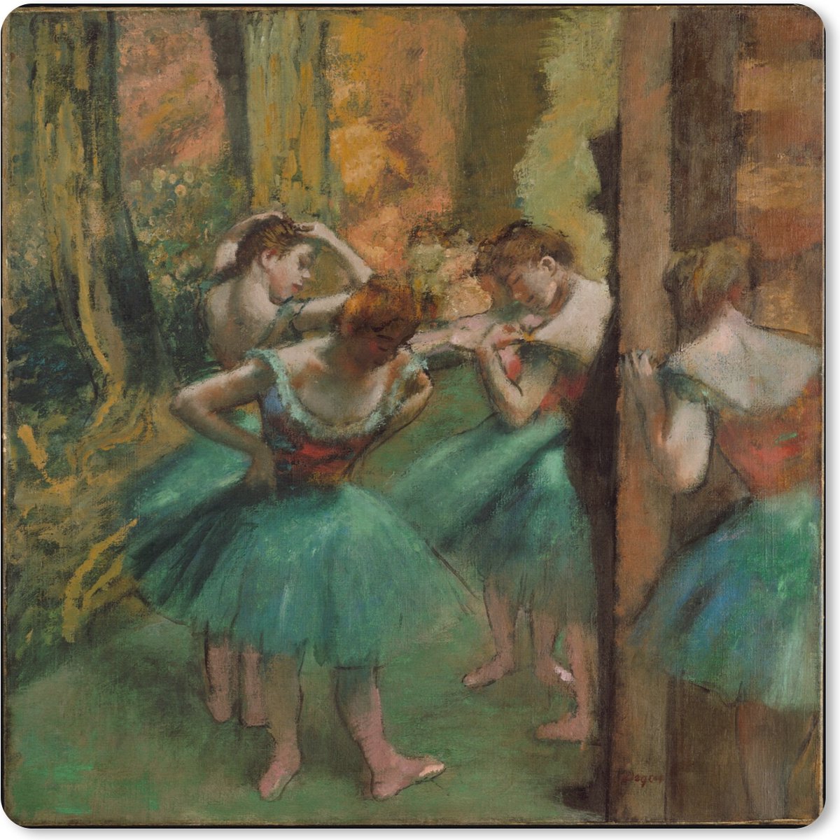 Muismat XXL 40x40 cm - Bureau onderlegger - Bureau mat Dancers Pink and Green - Schilderij van Edgar Degas - Bureaumat - Gaming mousepad xl - Bureaulegger groot - Computer deskmat