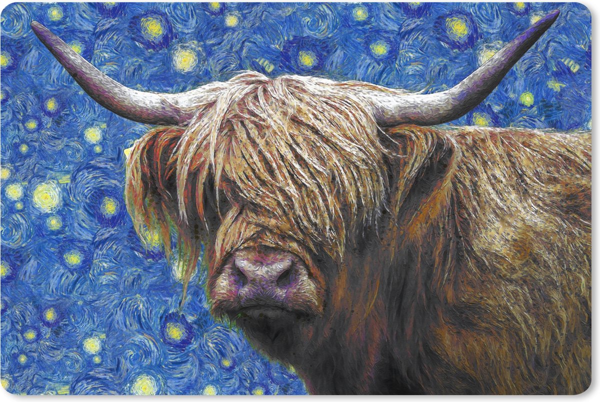 Muismat XXL 90x60 cm - Bureau onderlegger - Bureau mat Van Gogh - Sterrennacht - Schotse hooglander - Bureaumat - Gaming mousepad xl - Bureaulegger groot - Computer deskmat
