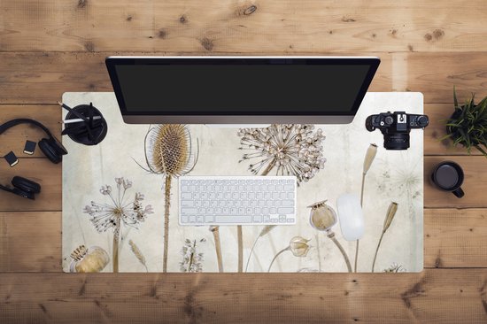 Tapis de souris XXL - Sous-main - Tapis de bureau - Fleurs - Aquarelle - Nature morte - Marron - Vintage - 100x50 cm - Tapis de souris XXL